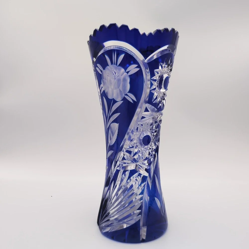 Vintage German Cobalt Blue Cut to Clear 24% Lead Crystal Rose Vase 8